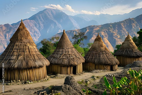 An ancient village of cone-shaped thatched houses against a backdrop of mountains. Native dwelling. Illustration for cover, card, postcard, interior design, poster, brochure or presentation. photo