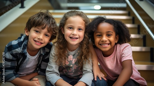 Charming portrait of three young friends sitting and smiling together on a staircase indoors