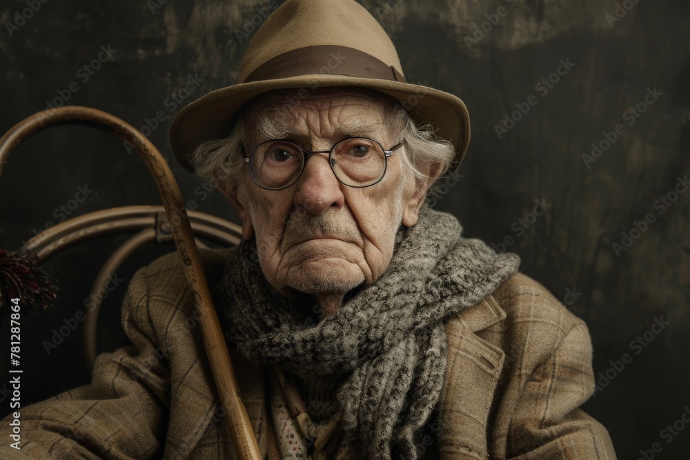 An elderly man with a hat and glasses gracefully holds a cane, exuding wisdom and experience.