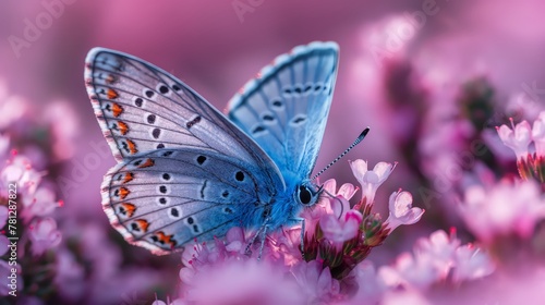 Beautiful blue butterfly on heather flowers in the field, lavender and pink pastel colors, created by ai © gustav