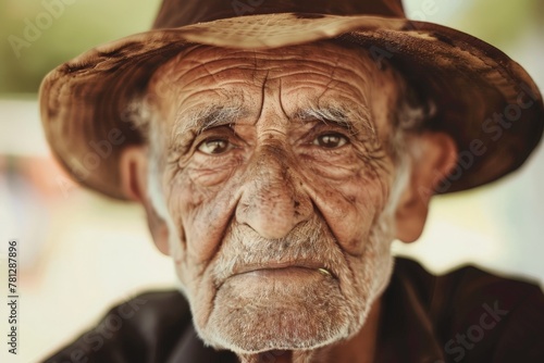 An elderly man  wearing a brown hat and black shirt  exudes wisdom and experience as he journeys through lifes adventures.