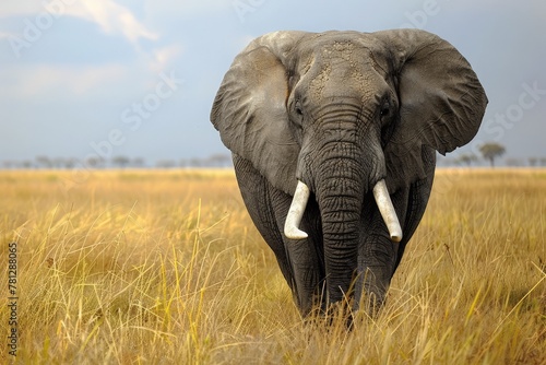 A majestic elephant stands in a field of tall grass  its trunk reaching out to pluck a strand.