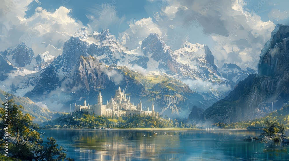 Painting, illustration, and digital painting of an ancient castle in a fantasy landscape