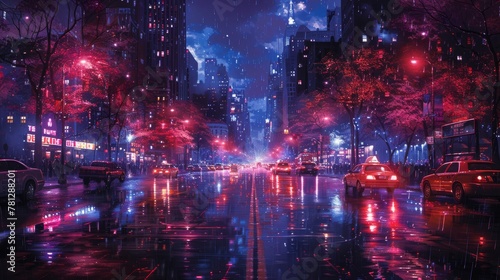 Painting of a night street in bright colors  illustration