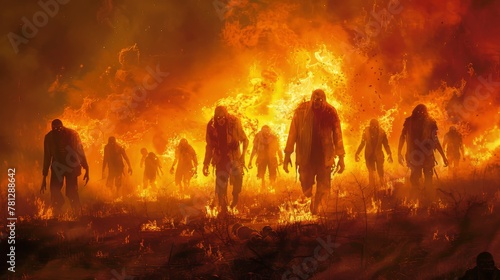 Illustration painting of zombies walking through flames of fire
