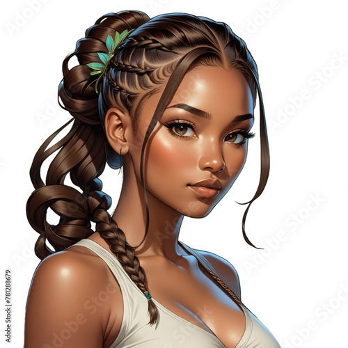 Transparent Backdrop, Digital painting of a Huli female, age between 25-30, short braids gathering into a ponytail, wearing a T-shirt photo