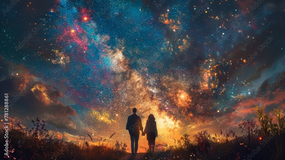 An illustration painting of a young couple holding hands against the Milky Way galaxy