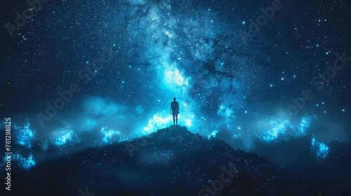 Painting showing a man standing on top of a hill watching the stars © Антон Сальников