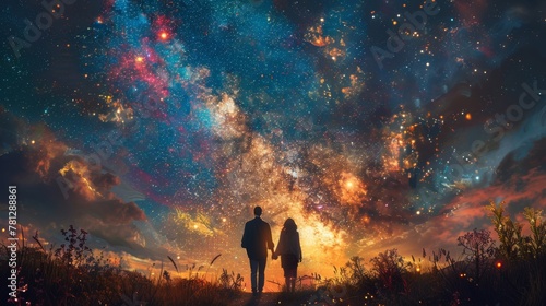 An illustration painting of a young couple holding hands against the Milky Way galaxy
