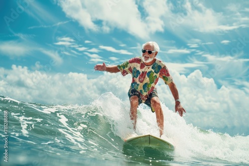 Elderly Surfer in Floral Shirt Navigating a Wave with Focused Precision