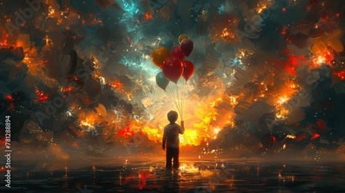Child holding balloons and standing in front of fantasy storm  illustration painting