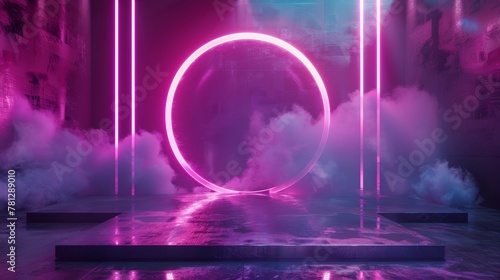 A futuristic sci-fi modern stage with glowing neon and clouds. 3D render.