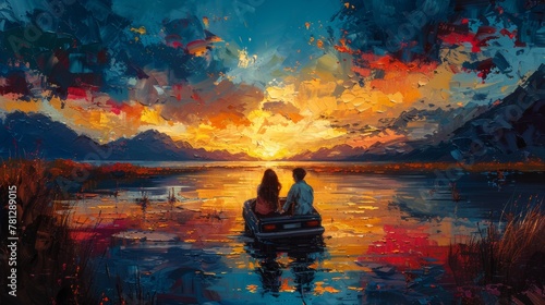 Illustration painting of a couple sitting on a car in front of a colorful landscape