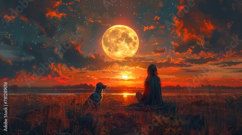 The young woman is holding a dog in a beautiful night, with the moon above her, in an illustration painting