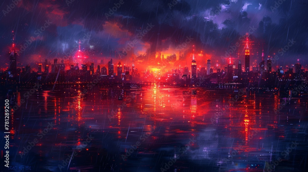 An abstract art painting depicting a night scene in a cityscape, as an illustration