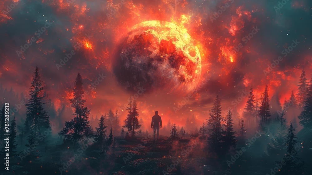 A man stands alone in the forest against a backdrop of fictional planets, illustration