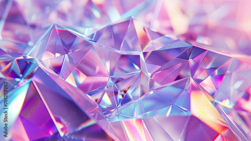 Detailed 3D rendering of geometric crystal background. Iridescent texture with faceted gem. - obrazy, fototapety, plakaty 