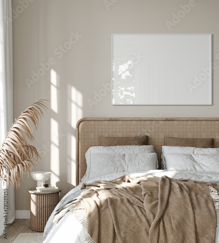 One frame mockup, Home interior background, modern bedroom, 3D render