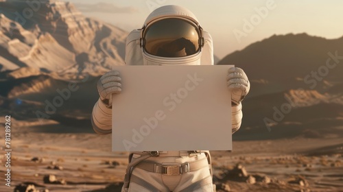astronaut stands with a empty white poster or signboard on barren landscape photo