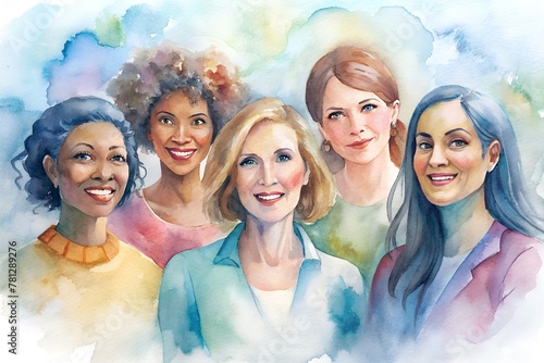 Joyful Women Gather in Watercolor Style, Marking International Women’s Day with Vibrant Unity.