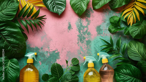 Three bottles of sprays or detergent surrounded by green leaves against a pink green wall. Concept for inserting advertising text about cleaning.