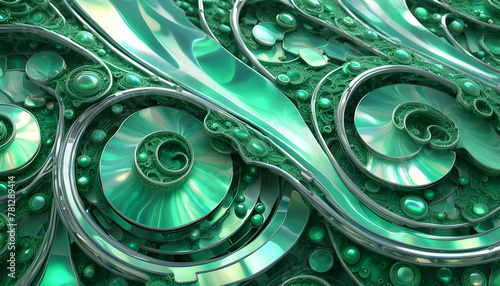 Hintergrund Vorlage von Strukturen wie futuristische Technik, Kreise und Spiralen, Perlmutt glänzend wie aus Silber und grünem Silizium Zukunft technologischer Materialen künstliche Intelligenz photo