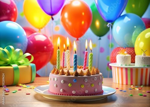 birthday cake with candles and balloons