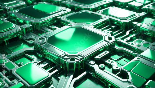 Technik Hintergrund Vorlage für technische Daten Analyse Überwachung Computer Chip Design Makro Prozessor Hardware Mikrochip Leiter Bauteile Platine hoch modern in grün leuchtend fließende Ströme