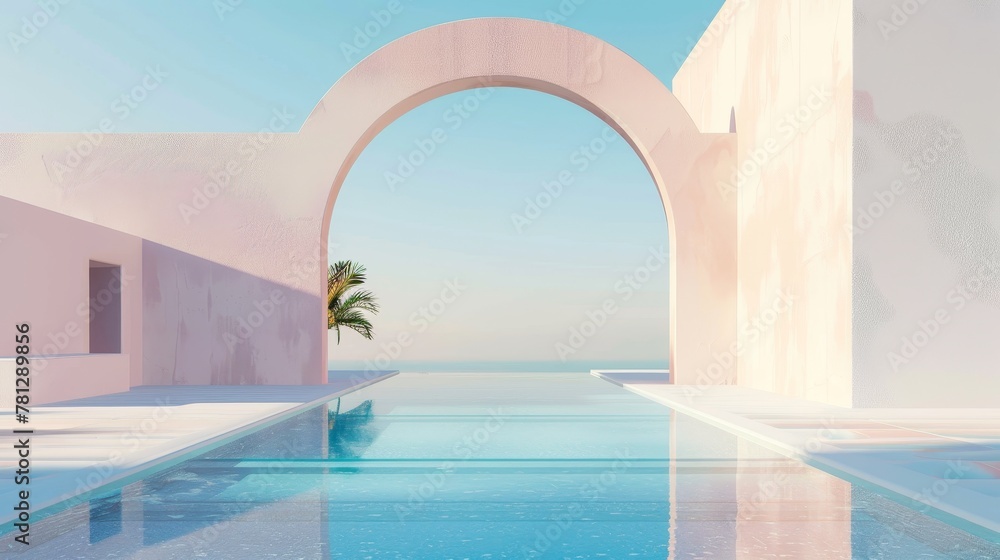 A geometrical abstract scene with a swimming pool in natural day light. A minimal 3D landscape background......