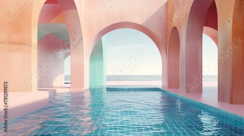 In natural day light, an abstract scene with geometrical forms, a swimming pool, and a minimalist 3D landscape background.