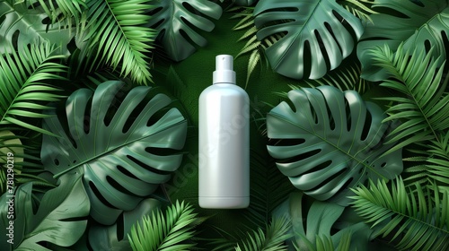 Blank cosmetic bottle container with tropical palm leaves background. 3d rendering.