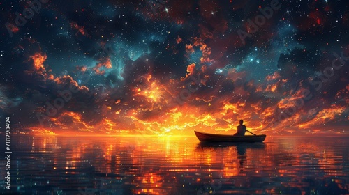 An illustration painting of an illustration depicts a man rowing a boat in the sea under a beautiful sky dotted with stars.