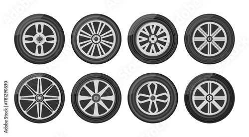 Set of car wheels icon. A wheel tyre for the car and the motorcycle and the truck and the SUV. Round and transportation, automobile equipment, vector illustration in flat design