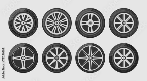 Set of car wheels icon. A wheel tyre for the car and the motorcycle and the truck and the SUV. Round and transportation, automobile equipment, vector illustration in flat design