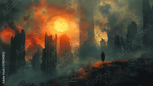 An abandoned city with a man standing on top of it. A sci-fi illustration