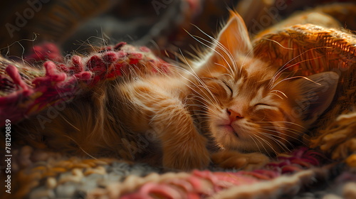 A cute little fluffy red kitten sleeps under a knitted blanket on the sofa. Close-up of a domestic orange kitten with a pink nose. The concept of cozy autumn or winter evenings in Hugo style.