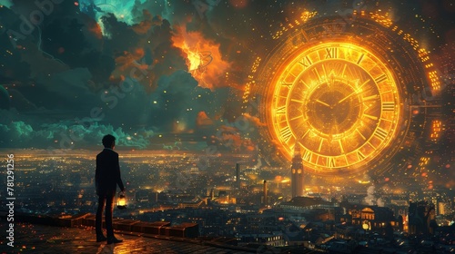 In front of the big golden clockwork, an illustration painting shows a man with a lantern