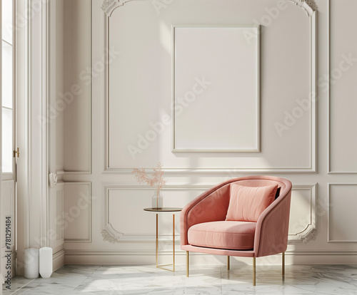 Mockup frame in living room interior background. 3d render.