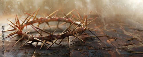 Jesus' crown of thorns on wooden surface, captured in a bokeh panorama style with carved wooden blocks, creating a minimalistic still life featuring drawing and writing tools with soft, rounded shapes