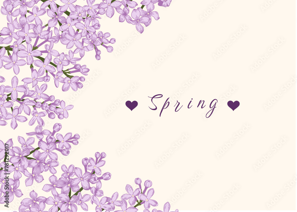 Spring border with lilac flowers. Floral background with place for text. Vector illustration. Linear art style.