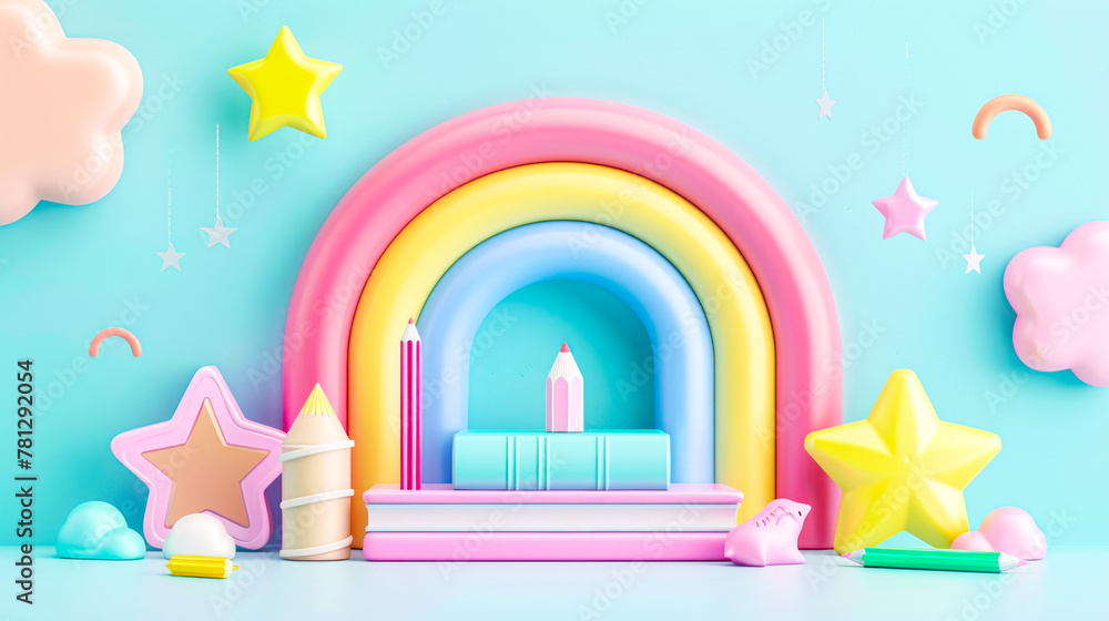 Colorful 3D Rendered Birthday Celebration Background with Rainbow and Decorations Colorful 3D Rendered Birthday Celebration Background with Rainbow and Decorations