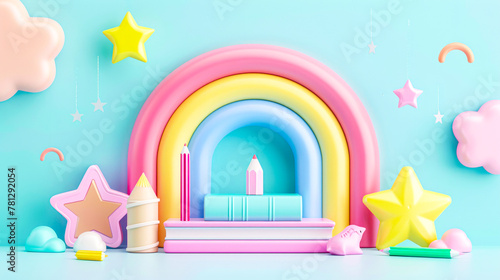 Colorful 3D Rendered Birthday Celebration Background with Rainbow and Decorations