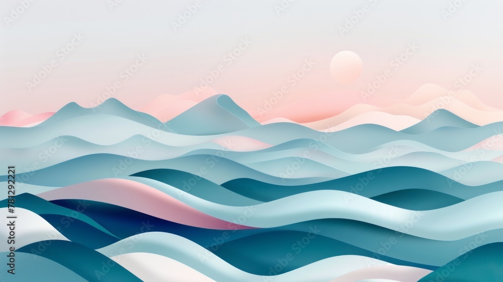 Serene Pastel Mountainscape with Rising Sun