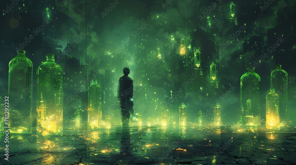 Scenery of a boy walking on the floor amid glowing green bottles, digital art style, illustration painting
