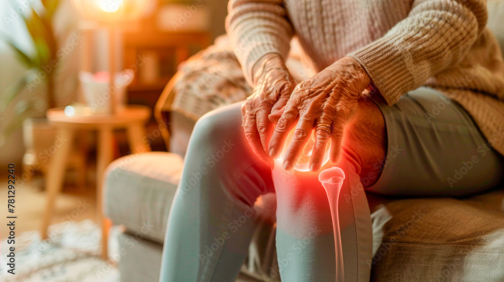 Obraz premium An older person's hands gently resting on a painful, glowing knee while seated, depicting discomfort, joint pain, or arthritis in a homely atmosphere. Banner. Copy space