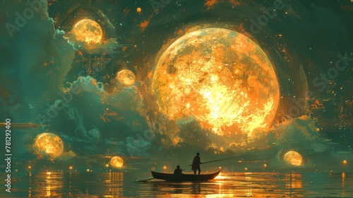 Scenery of a man rowing a boat amid many glowing moons floating on the sea, digital art style, illustration painting
