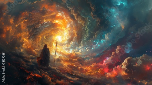 An illustration painting of a man with a magic spear in a swirling sea in the sky in digital art style