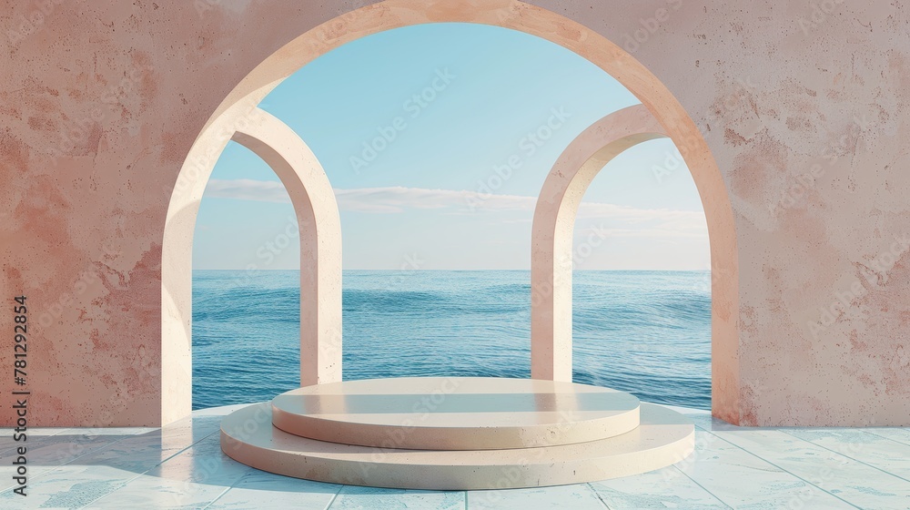 Summer scene with geometrical forms, an archway with a podium in natural daylight. Sea view. 3D rendering background.