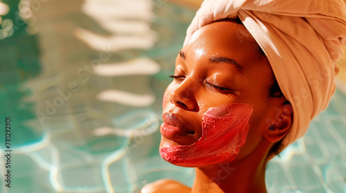 A black young woman wearing a red cosmetic mask made of cream and algae stands against the background of a pool of water in a white towel on her head. Banner. Copy space