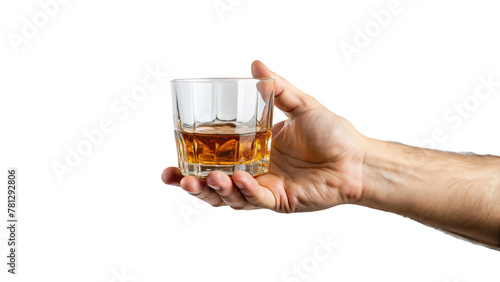 Hand holding glasses of whiskey, brandy, and cognac with ice cubes